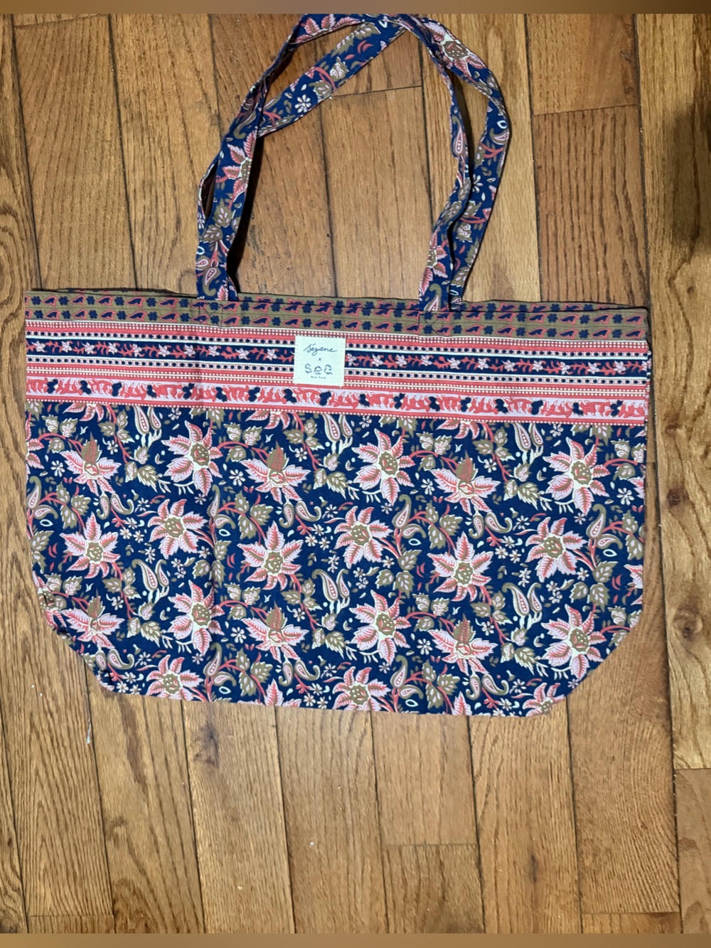 Sezane Navy Floral Tote with Pink Accents